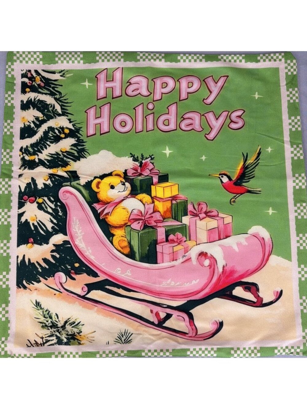 Christmas Pillow COVER 17" Retro Kitschy Red Bird Santa Sleigh TG Repro Sham